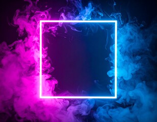 Glowing neon square frame within vibrant pink and blue smoke