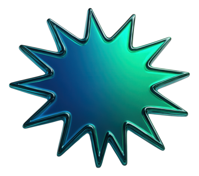 Metallic blue and green spiky starburst shape with glossy texture on transparent background. - Powered by Adobe