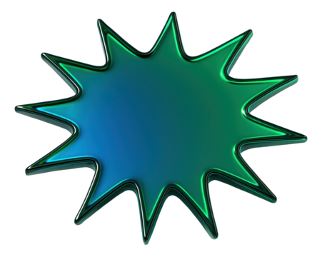 Metallic blue and green abstract starburst shape with smooth edges and a glossy finish on transparent background.