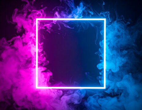 Glowing neon square frame within vibrant pink and blue smoke - Powered by Adobe