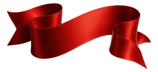 Elegant red satin ribbon with flowing curves and pointed ends on transparent background.