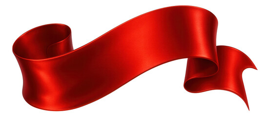 Elegant red ribbon with flowing curves and shadows on transparent background.