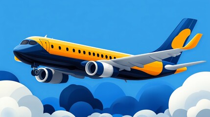 Colorful airplane in flight above clouds against a vivid blue sky