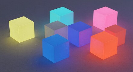 Obraz premium Saturated color cubes arranged on textured paper, playful layout with strong contrast between neon and pastel elements.