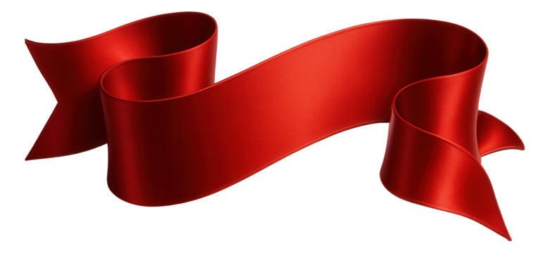Elegant red satin ribbon with flowing curves and pointed ends on transparent background.