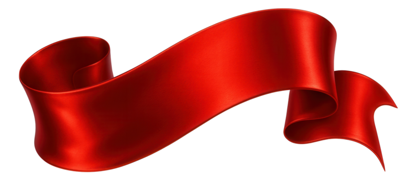 Elegant red ribbon with flowing curves and shadows on transparent background.