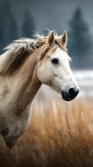 Wild horse galloping through golden grass with snowflakes falling in a remote landscape during winter