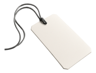 Blank rectangular paper tag with rounded corners attached to a grey string on transparent background.