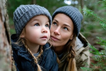 A mother and her child enjoy a serene outdoor moment surrounded by nature, both wearing cozy clothing, evoking feelings of love, warmth, and exploration in the woods.