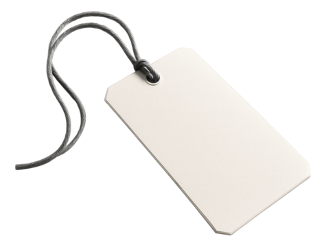 Blank rectangular paper tag with rounded corners attached to a grey string on transparent background. - Powered by Adobe
