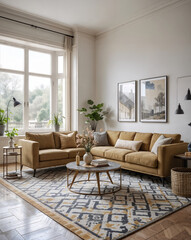 Fototapeta premium Living room centered around an olive-colored sofa on a diamond-patterned rug