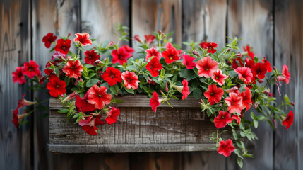 A rustic wooden planter box brimming with vibrant red petunias, hanging on an old weathered fence. This charming scene captures the essence of springtime