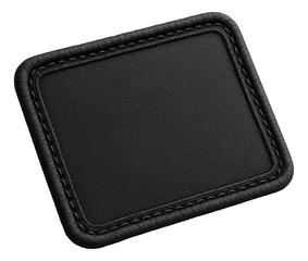 Fototapeta premium Black textured leather patch with stitched edges, featuring a rectangular shape on transparent background.