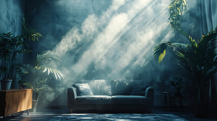 Serene Living Room Bathed in Sunlight with Lush Green Plants