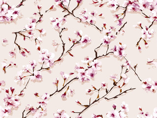 Fototapeta premium cherry blossom, flower, pattern, floral, seamless, vector, illustration, nature, spring, blossom, design, wallpaper, decoration, flowers, pink, cherry, tree, art, leaf, beauty, plant, texture, branch,
