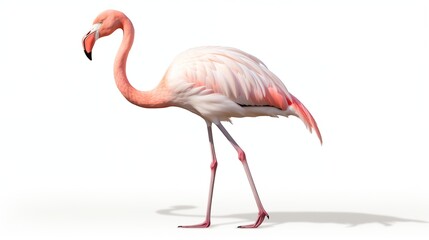 A graceful flamingo walking elegantly, isolated on a pure white background 