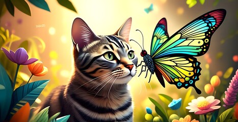 Egyptian Mau cat with a colorful butterfly and the fresh garden in quilling paper style.
