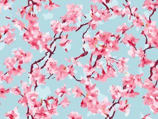 Fototapeta premium cherry blossom, flower, pattern, floral, seamless, vector, illustration, nature, spring, blossom, design, wallpaper, decoration, flowers, pink, cherry, tree, art, leaf, beauty, plant, texture, branch,