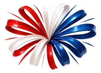 Abstract ribbon swirl with red, white, and blue curves extending outward on transparent background.