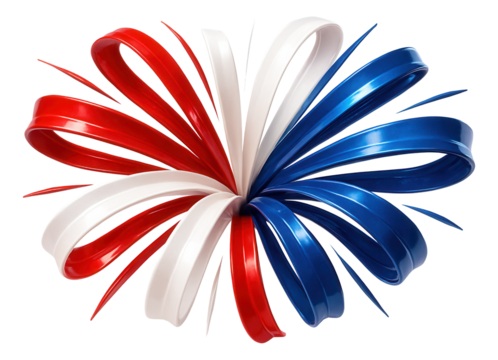 Abstract ribbon swirl with red, white, and blue curves extending outward on transparent background.