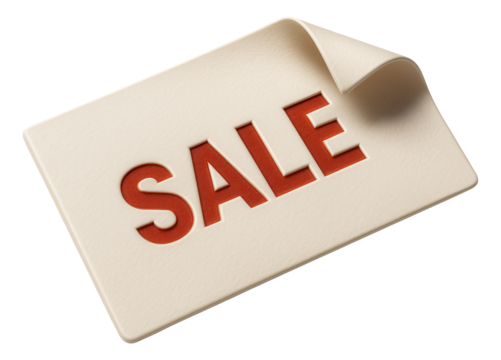 The image shows the word "SALE" in bold red letters popping out of a curled beige paper card on transparent background.