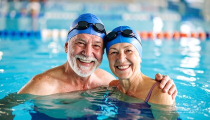 Fototapeta premium Pareja de ancianos senior disfrutando de un baño en el agua de una piscina. Salud, bienestar, deporte, tercera edad, jubilación AF