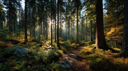 Obraz premium Sunlit serenity a tranquil pathway meanders through a dense woodland landscape