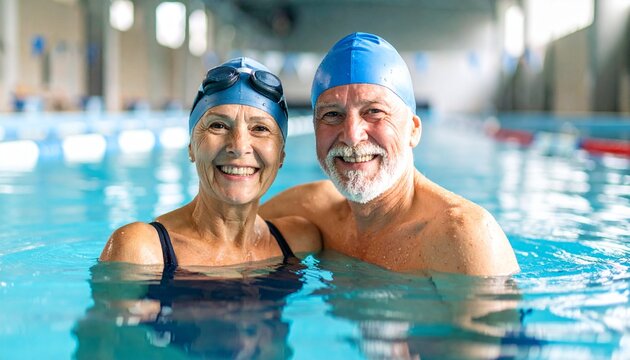 Pareja de ancianos senior disfrutando de un ba&ntilde;o en el agua de una piscina. Salud, bienestar, deporte, tercera edad, jubilaci&oacute;n AF