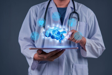 Doctor AI technology in healthcare. artificial intelligence medical care, data for diagnostics, treatment, and patient well-being. integration of machine learning in modern hospitals and clinics.