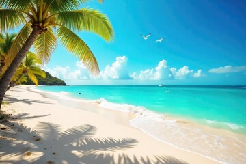 Fototapeta premium Sun-drenched beach, turquoise water laps gently at the shore, seagulls fly overhead Perfect summer escape Serenity, relaxation, vacation , coastal, ocean