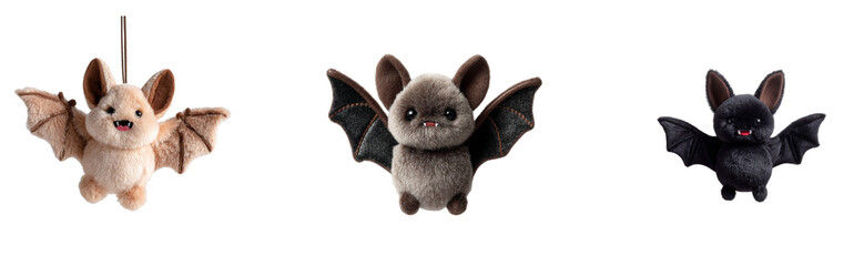 A full-body plushie of a fluffy bat with spread wings and cute fangs, hanging upside down on a transparant background.