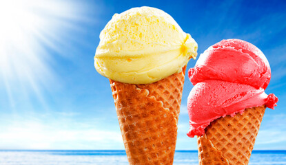 Colorful Fruit Scoop Ice Cream Cone Against Blue Sky on Hot Summer Day - hot summer and beach vibes. Refreshing scene perfect for summer treats, vacation, seaside fun and vacation lifestyle concepts.
