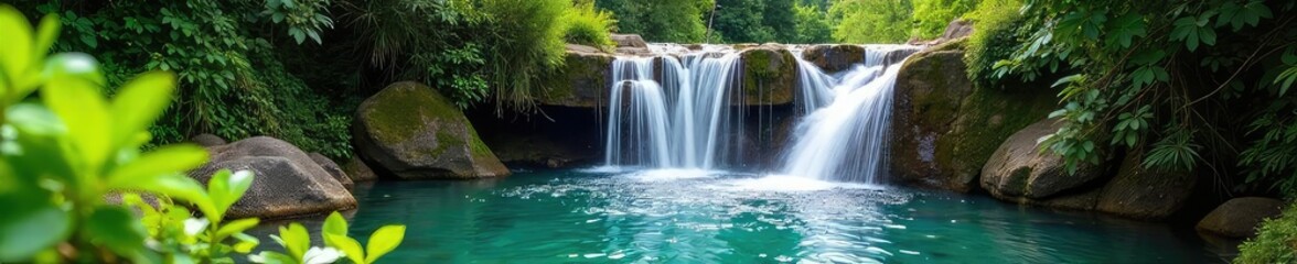 Fototapeta premium Refreshing waterfall cascading down mossy rocks into a pristine summer pool, surrounded by lush green foliage under bright sunlight , rocks, refreshing, travel