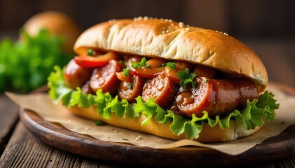 A delicious grilled sausage sandwich on a crusty roll, overflowing with savory sausage and condiments Perfect for a quick and satisfying meal , tomatoes, sausage