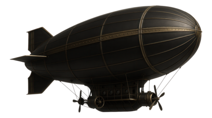 Classic dark zeppelin with metallic accents and propellers, showing a vintage airship design on transparent background.