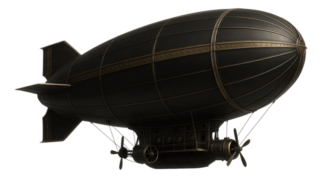 Classic dark zeppelin with metallic accents and propellers, showing a vintage airship design on transparent background.