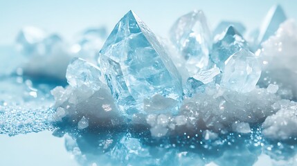 Obraz premium Shiny white crystals on a light blue background with sparkling glitter and pastel tones, creating a dreamy and elegant aesthetic for luxury, fantasy, and decorative concepts.