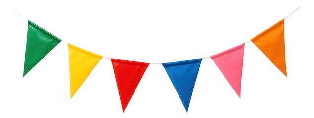 Fototapeta premium Colorful triangular pennant flags in green, yellow, red, blue, pink, and orange are hanging in a festive arrangement on transparent background.