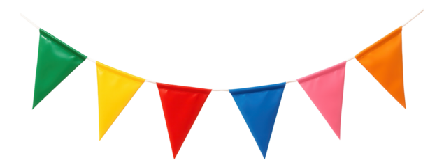 Colorful triangular pennant flags in green, yellow, red, blue, pink, and orange are hanging in a festive arrangement on transparent background.