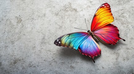 A colorful butterfly on a gray concrete wall, with space for text or design. The rainbow-colored wings of the delicate creature contrast against the gray background.