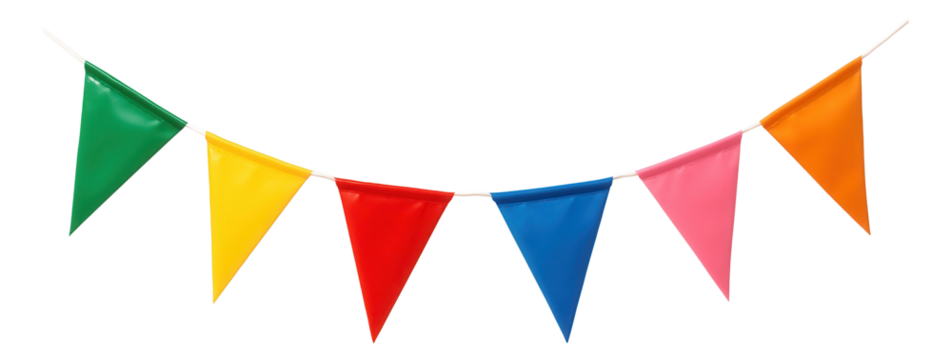 Colorful triangular pennant flags in green, yellow, red, blue, pink, and orange are hanging in a festive arrangement on transparent background. - Powered by Adobe
