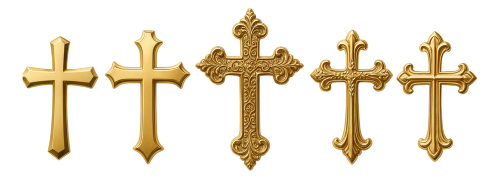 A collection of five intricately designed gold crosses showcasing different ornate patterns on transparent background.