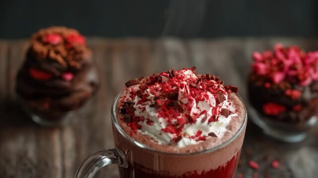 Close-up of red velvet hot chocolate topped with whipped cream and chocolate shavings in glass mug, served with chocolate desserts - Powered by Adobe