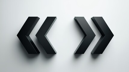 Abstract black directional symbols with sharp shadows on white, geometric precision in modern design