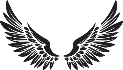 A pair of large, stylized angel wings are depicted. 