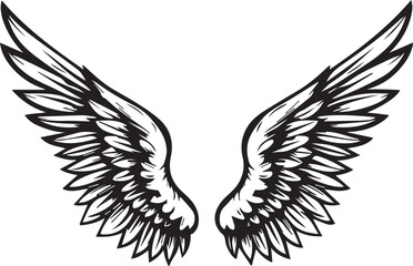 A pair of large, stylized angel wings are depicted. 