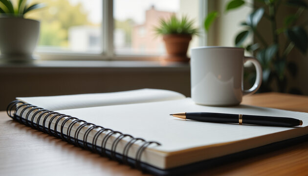 Notebook with pen and coffee cup by window in soft light