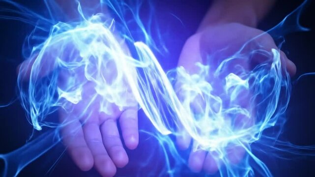 Hands holding glowing energy ball with blue plasma effect for magical concept