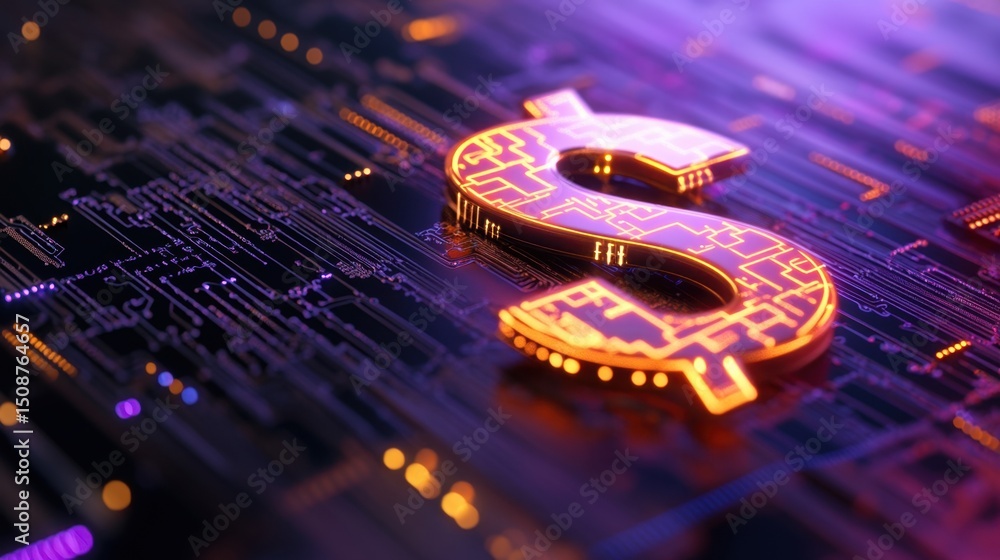 Poster digital dollar sign made of glowing lines and circuits over a dark tech-inspired backdrop