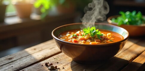 A rustic wooden table holds a steaming bowl of hearty homemade kitchen soup, garnished with fresh herbs Sunlight streams in, illuminating the delicious, wholesome meal , recipe, sunlight